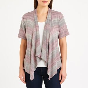 Coldwater Creek Waterfall Cardigan Women S Pink Gray Stripe Knit Open Front